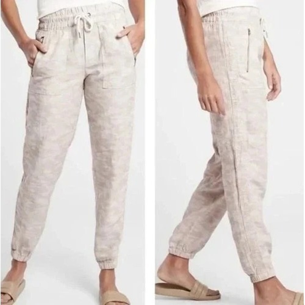Athleta Cabo Tide Linen Jogger Pants 4 Beige Camo Print Drawstring Zip Pocket